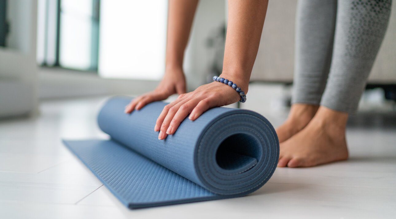 Woman rolling up exercise mat